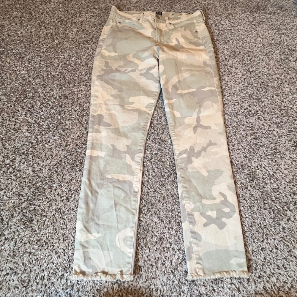 Gap True Skinny Camo High Rise Raw Hem Jeans Womens 10/30 Tan Olive Camouflage